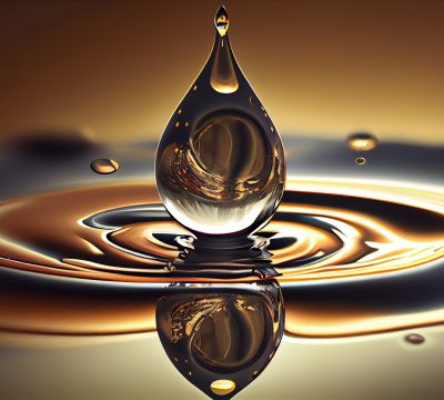 A droplet falls reflecting wave patterns on water generated by artificial intelligence