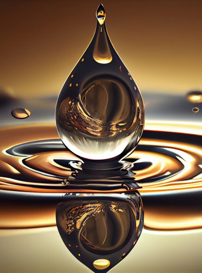 A droplet falls reflecting wave patterns on water generated by artificial intelligence