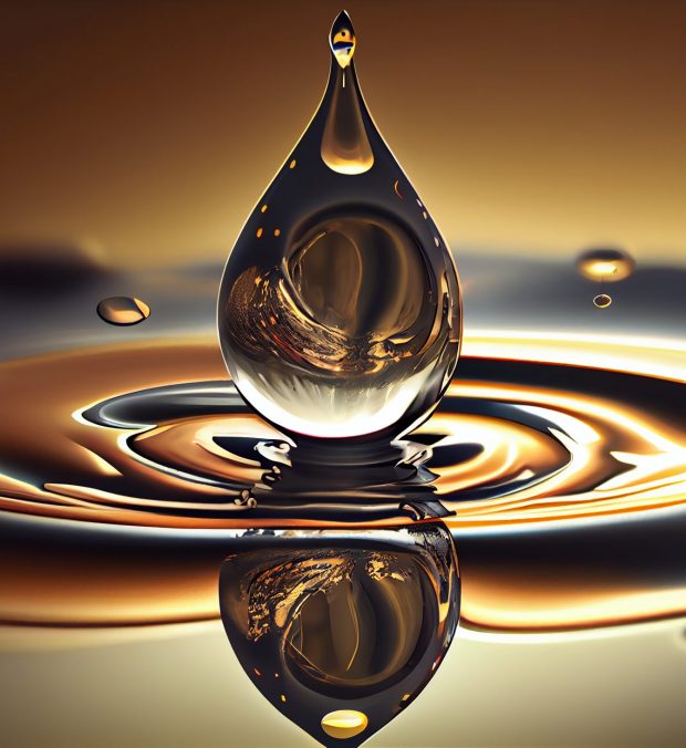 A droplet falls reflecting wave patterns on water generated by artificial intelligence